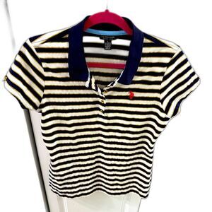 US Polo Women Striped Polo Tee Shirt Blue White Large Stretch Short sleeve